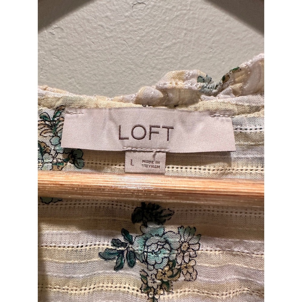 LOFT Floral Bouquet Ruffle Neck Button Front Cotton Blouse Large Peasant Boho - Picture 4 of 10